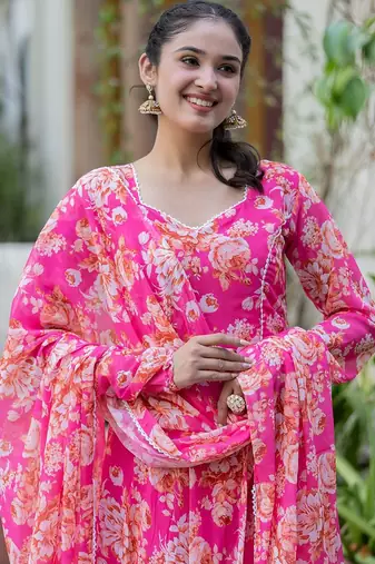 Women Floral Printed Angrakha Kurta with Trousers & With Dupatta