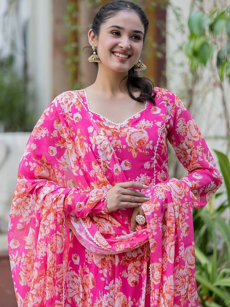 Women Floral Printed Angrakha Kurta with Trousers & With Dupatta