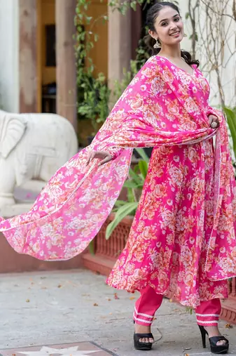 Women Floral Printed Angrakha Kurta with Trousers & With Dupatta