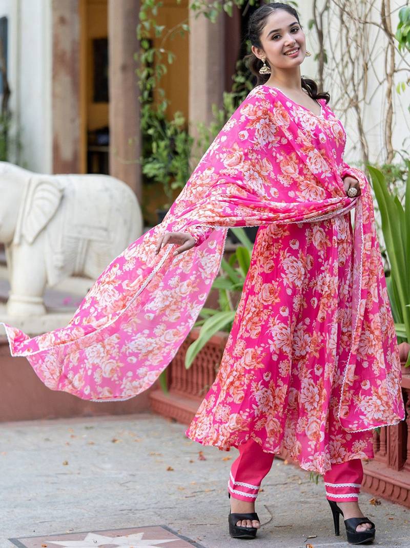 Women Floral Printed Angrakha Kurta with Trousers & With Dupatta
