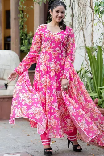 Women Floral Printed Angrakha Kurta with Trousers & With Dupatta