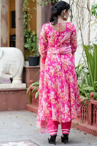 Women Floral Printed Angrakha Kurta with Trousers & With Dupatta