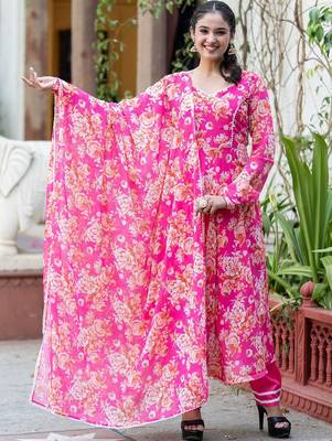 Women Floral Printed Angrakha Kurta with Trousers & With Dupatta 6