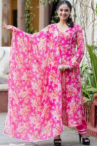 Women Floral Printed Angrakha Kurta with Trousers & With Dupatta
