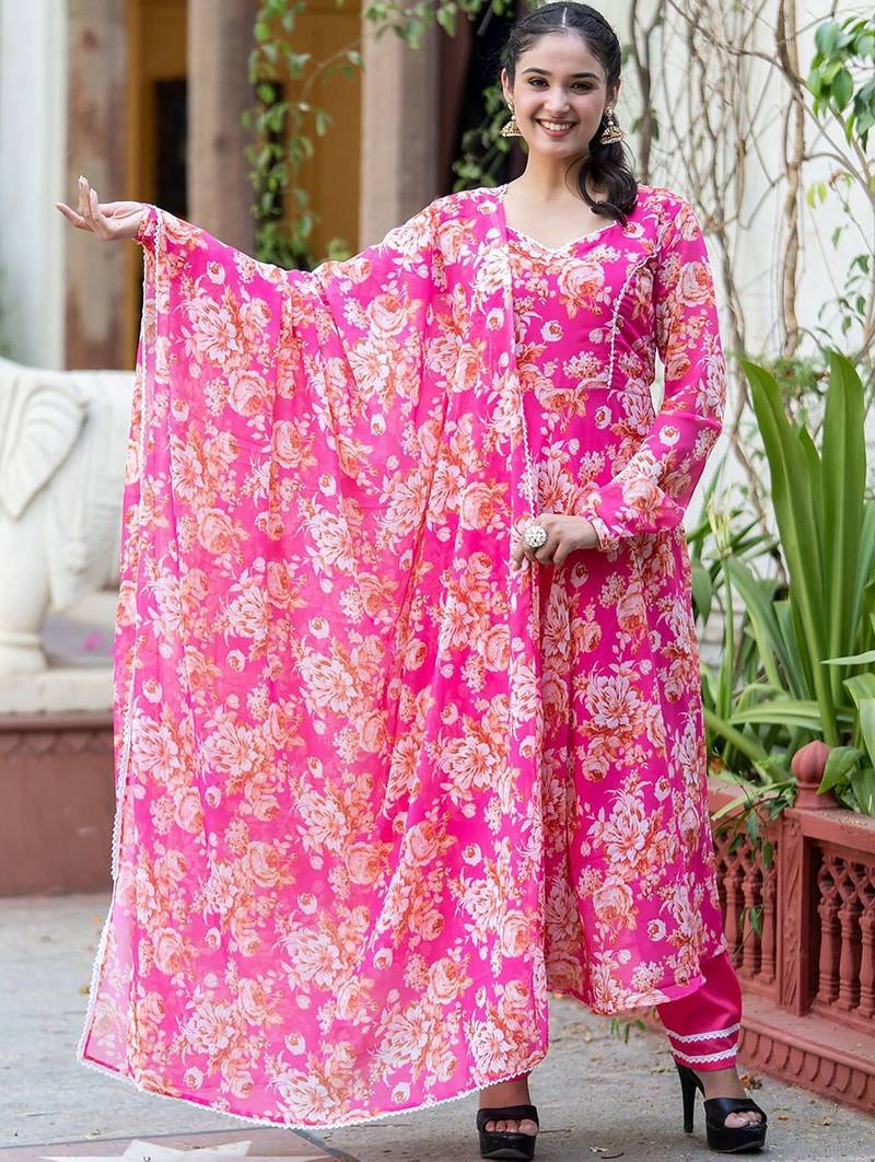 Women Floral Printed Angrakha Kurta with Trousers & With Dupatta