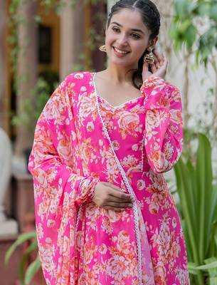 Women Floral Printed Angrakha Kurta with Trousers & With Dupatta 7