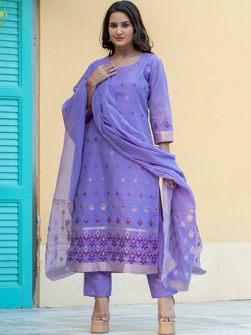 Women Ethnic Motifs Regular Kurta with Trousers & With Dupatta