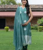 Bandhani Dyed V-Neck Pure Silk Straight Kurta With Trousers & Dupatta