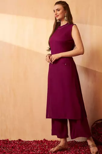 Gotta Patti Round Neck Sleeveless Straight Kurta With Palazzo