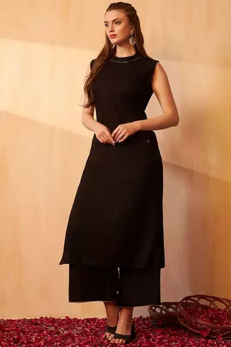 Gotta Patti Round Neck Sleeveless Straight Kurta With Palazzo