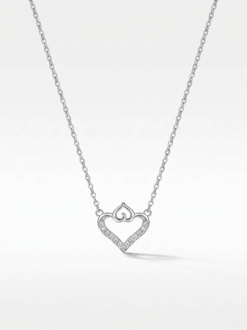 925 Sterling Silver Open Heart CZ Pendant Necklace  Set for Women