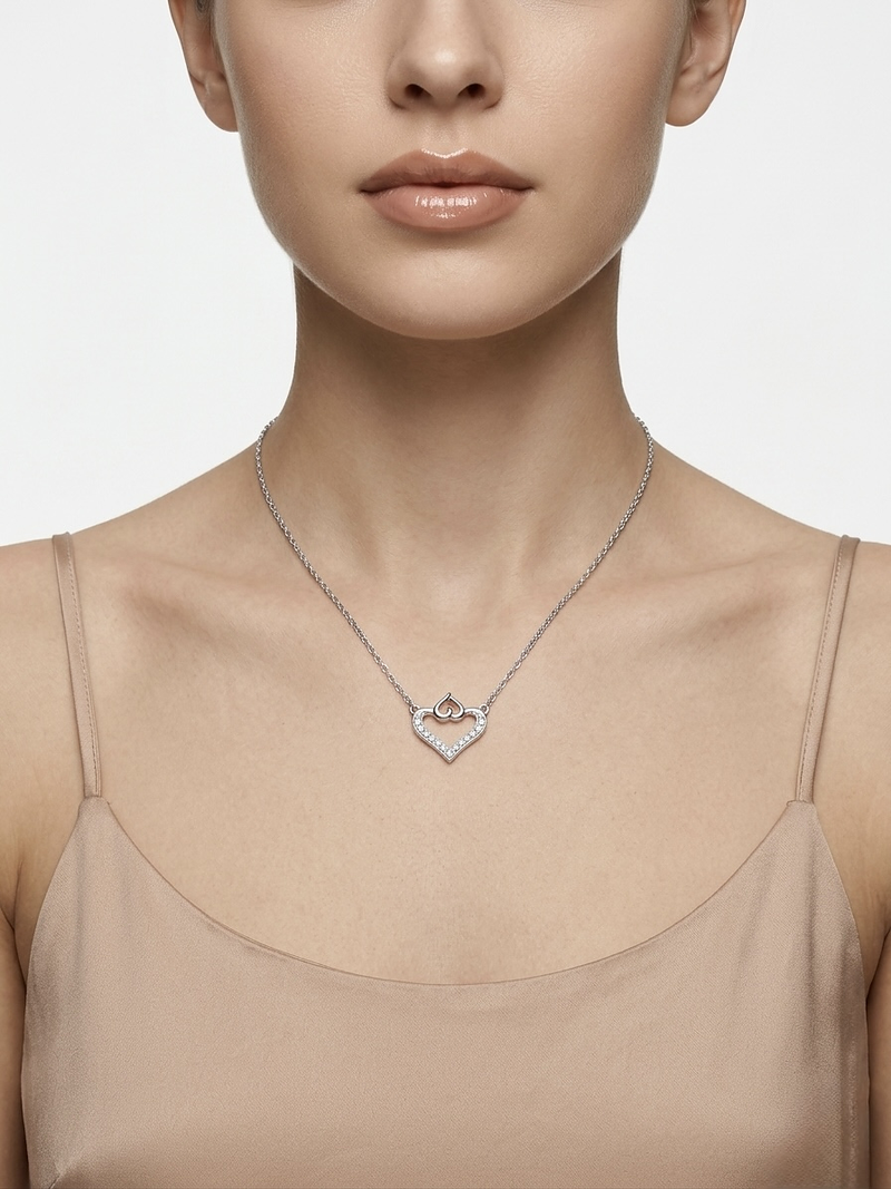 925 Sterling Silver Open Heart CZ Pendant Necklace  Set for Women
