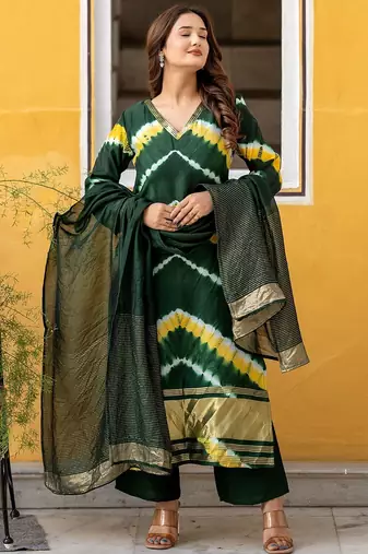Women Leheriya Dyed Silk Kurta with Palazzo & Dupatta