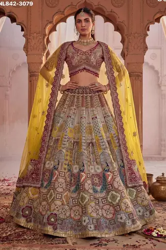 Off-White Silk Blend Embroidered Multi-Color Bridal Lehenga Choli Set