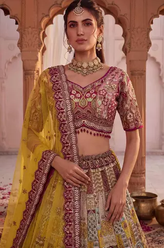 Off-White Silk Blend Embroidered Multi-Color Bridal Lehenga Choli Set