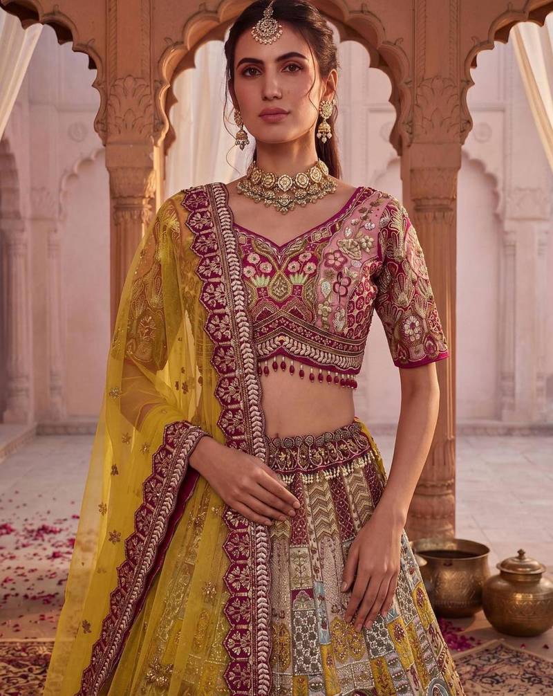 Off-White Silk Blend Embroidered Multi-Color Bridal Lehenga Choli Set