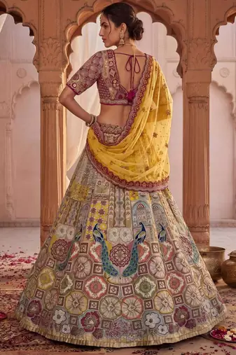 Off-White Silk Blend Embroidered Multi-Color Bridal Lehenga Choli Set