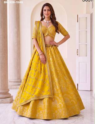 Mustard Silk Blend Embroidered Festive Haldi Lehenga Choli Set 1