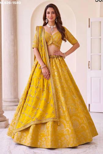 Mustard Silk Blend Embroidered Festive Haldi Lehenga Choli Set
