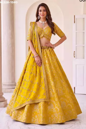 Mustard Silk Blend Embroidered Festive Haldi Lehenga Choli Set