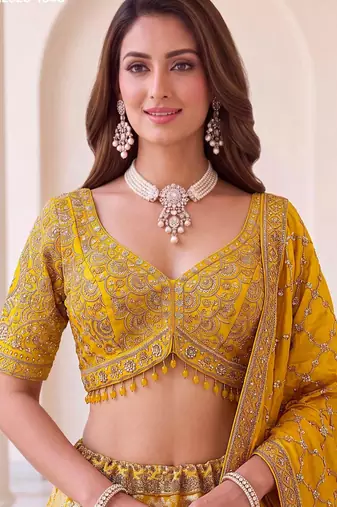 Mustard Silk Blend Embroidered Festive Haldi Lehenga Choli Set