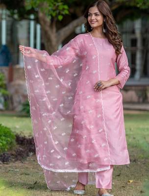Women Ethnic Motifs Embroidered Regular Thread Work Chanderi Silk Kurta with Trousers & With Dupatta 5