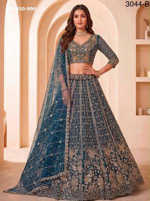 Teal Net Embroidered Heavy Party Wear Lehenga Choli Set 1