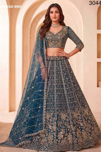 Teal Net Embroidered Heavy Party Wear Lehenga Choli Set