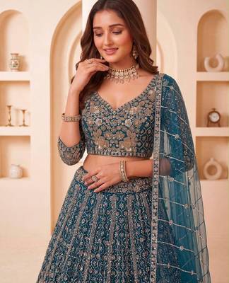 Teal Net Embroidered Heavy Party Wear Lehenga Choli Set 2