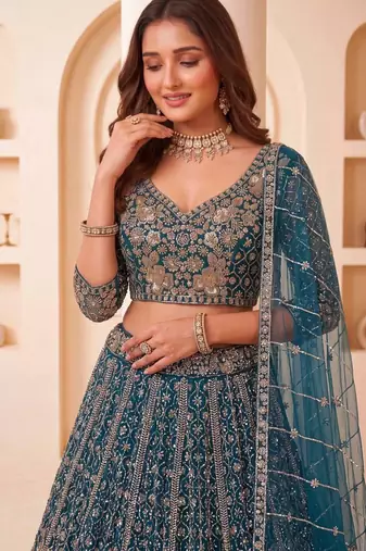 Teal Net Embroidered Heavy Party Wear Lehenga Choli Set