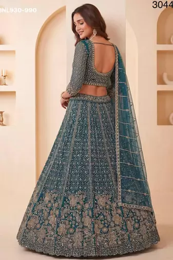 Teal Net Embroidered Heavy Party Wear Lehenga Choli Set