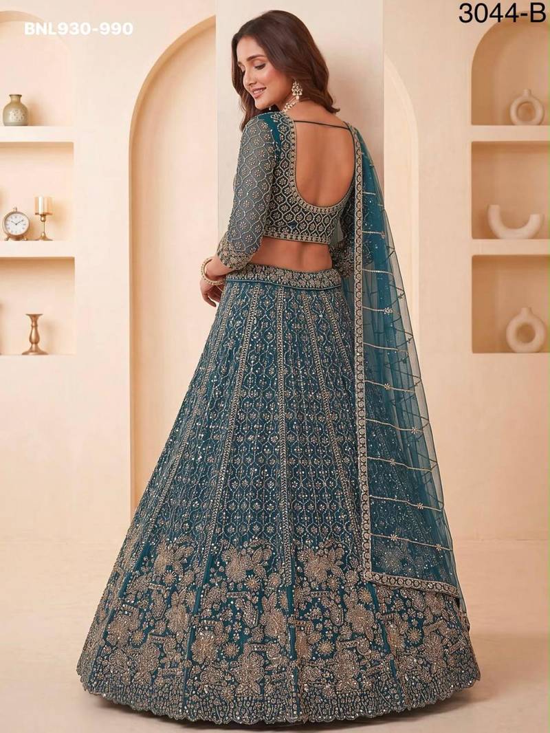 Teal Net Embroidered Heavy Party Wear Lehenga Choli Set