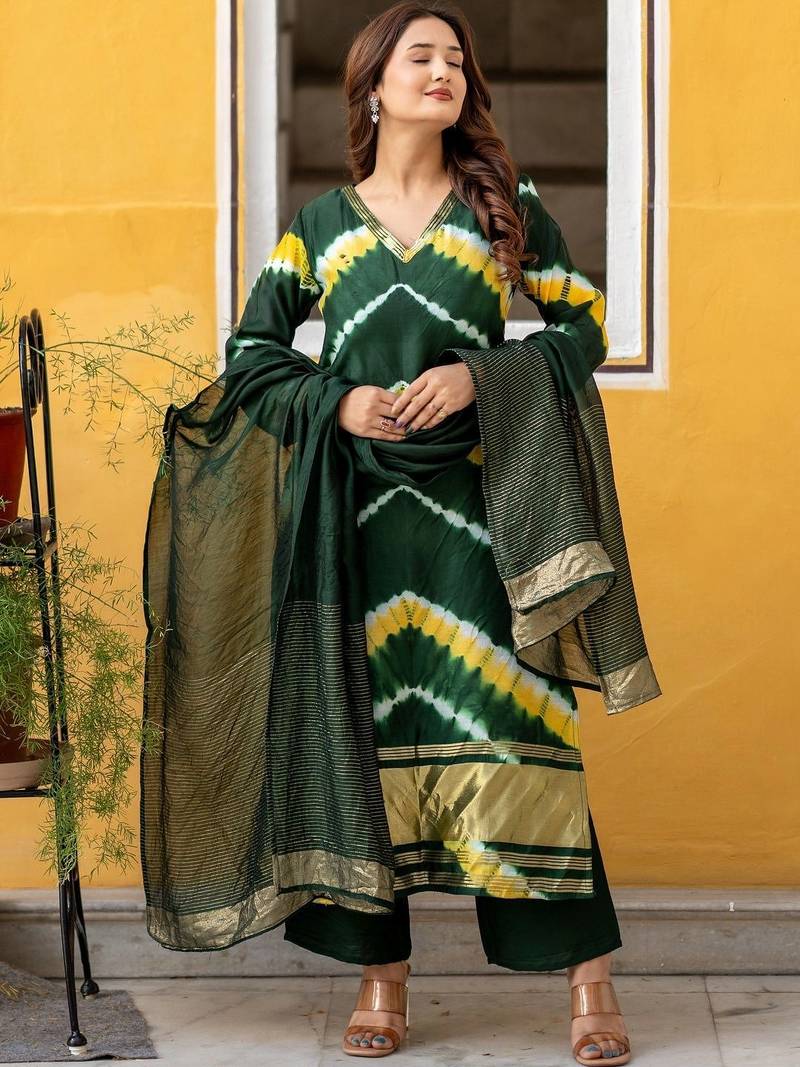 Women Dyed Regular Kurta with Palazzos & With Dupatta