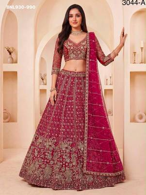 Rani Pink Net Embroidered Bridal Reception Lehenga Choli Set 1