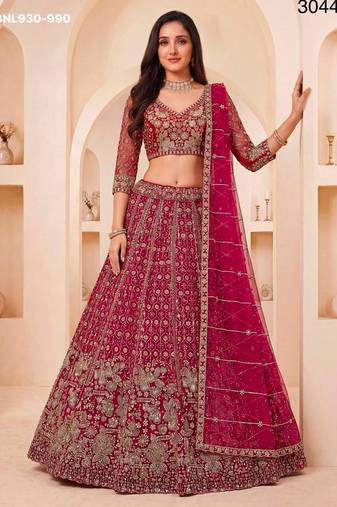 Rani Pink Net Embroidered Bridal Reception Lehenga Choli Set