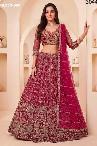Rani Pink Net Embroidered Bridal Reception Lehenga Choli Set