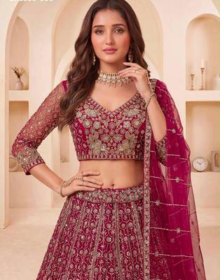 Rani Pink Net Embroidered Bridal Reception Lehenga Choli Set 2