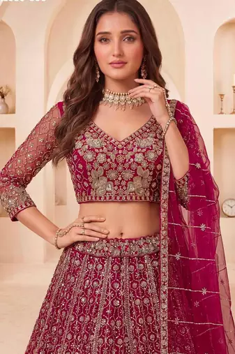 Rani Pink Net Embroidered Bridal Reception Lehenga Choli Set