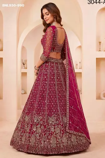 Rani Pink Net Embroidered Bridal Reception Lehenga Choli Set