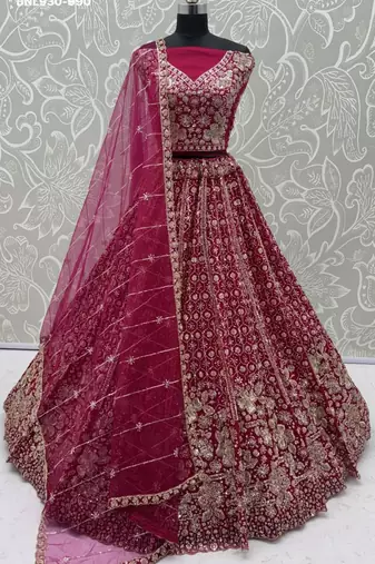 Rani Pink Net Embroidered Bridal Reception Lehenga Choli Set