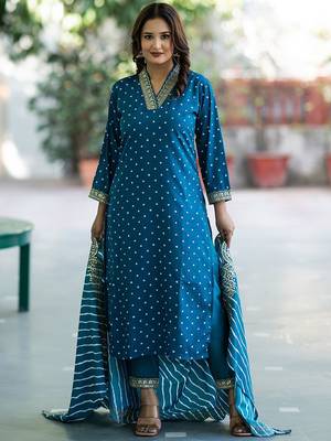 Women Bandhani Embroidered Empire Thread Work Kurta with Trousers & With Dupatta 1
