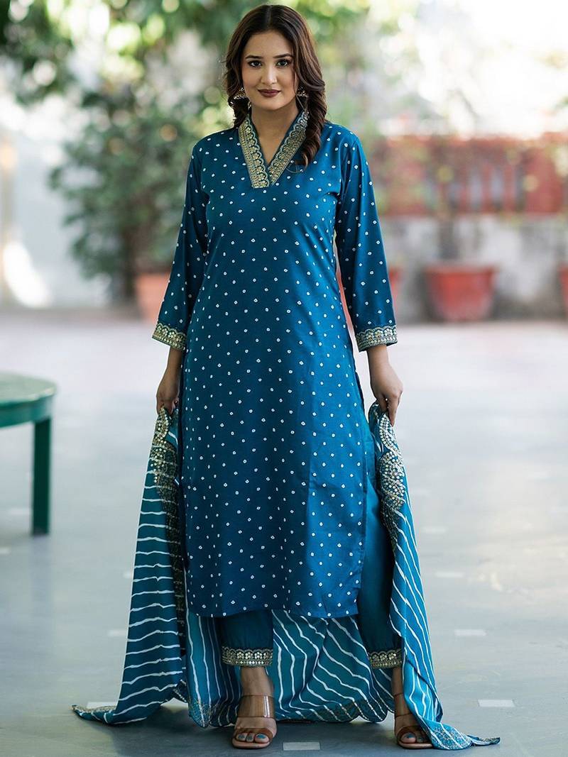 Women Bandhani Embroidered Empire Thread Work Kurta with Trousers & With Dupatta