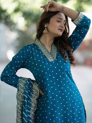 Women Bandhani Embroidered Empire Thread Work Kurta with Trousers & With Dupatta 2