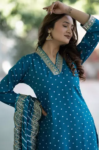Women Bandhani Embroidered Empire Thread Work Kurta with Trousers & With Dupatta