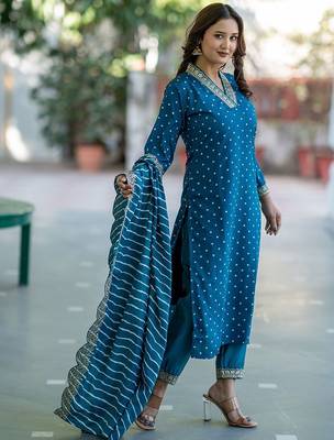 Women Bandhani Embroidered Empire Thread Work Kurta with Trousers & With Dupatta 3