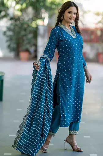 Women Bandhani Embroidered Empire Thread Work Kurta with Trousers & With Dupatta