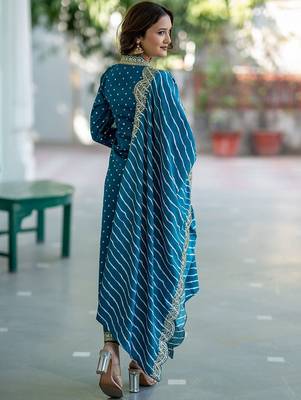Women Bandhani Embroidered Empire Thread Work Kurta with Trousers & With Dupatta 4