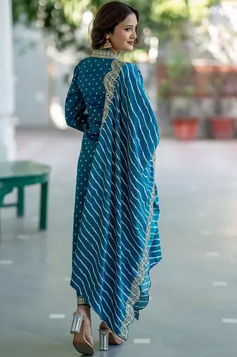 Women Bandhani Embroidered Empire Thread Work Kurta with Trousers & With Dupatta