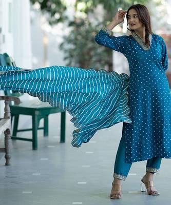 Women Bandhani Embroidered Empire Thread Work Kurta with Trousers & With Dupatta 5