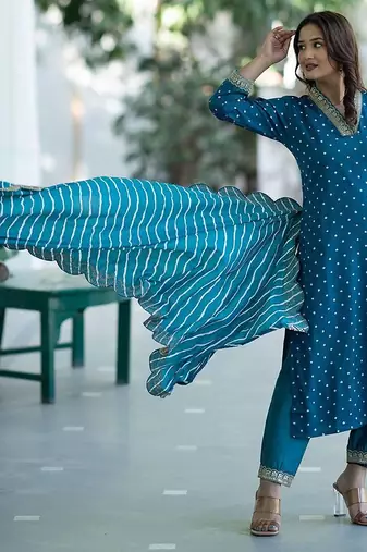 Women Bandhani Embroidered Empire Thread Work Kurta with Trousers & With Dupatta